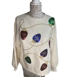 State of Mine Ivory Christmas Sweatshirt  Sequined Lights | Size M